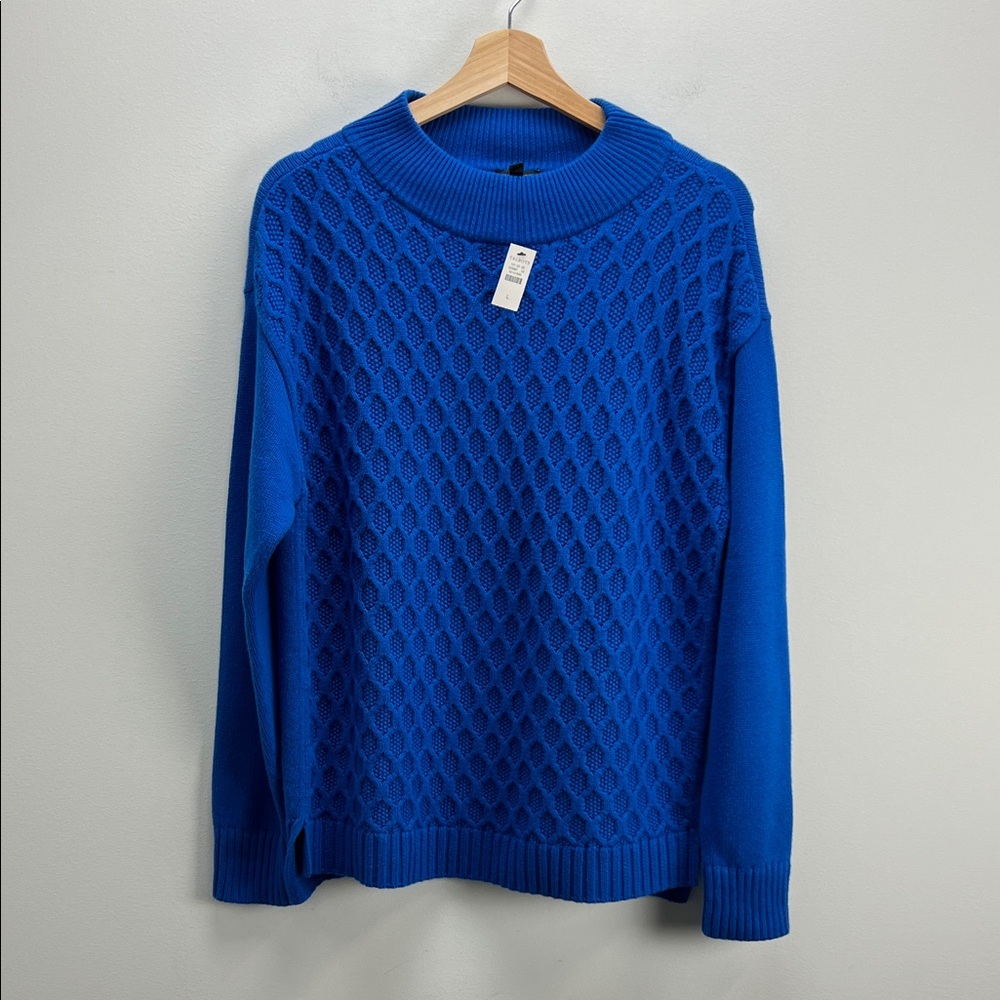 Talbots Mock Neck Sweater Honeycomb Cable Knit Royal Blue Womens Large New